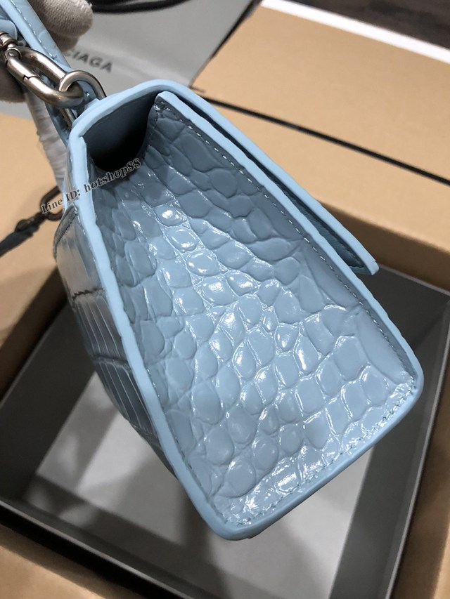 Balenciaga專櫃爆款小號手提女包 巴黎世家鱷魚淺藍色銀扣Hourglass沙漏包 fyj1655